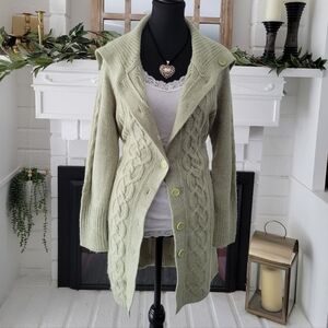 Vintage cozy faded glory green shawl collar cable knit cardigan Sweater Medium